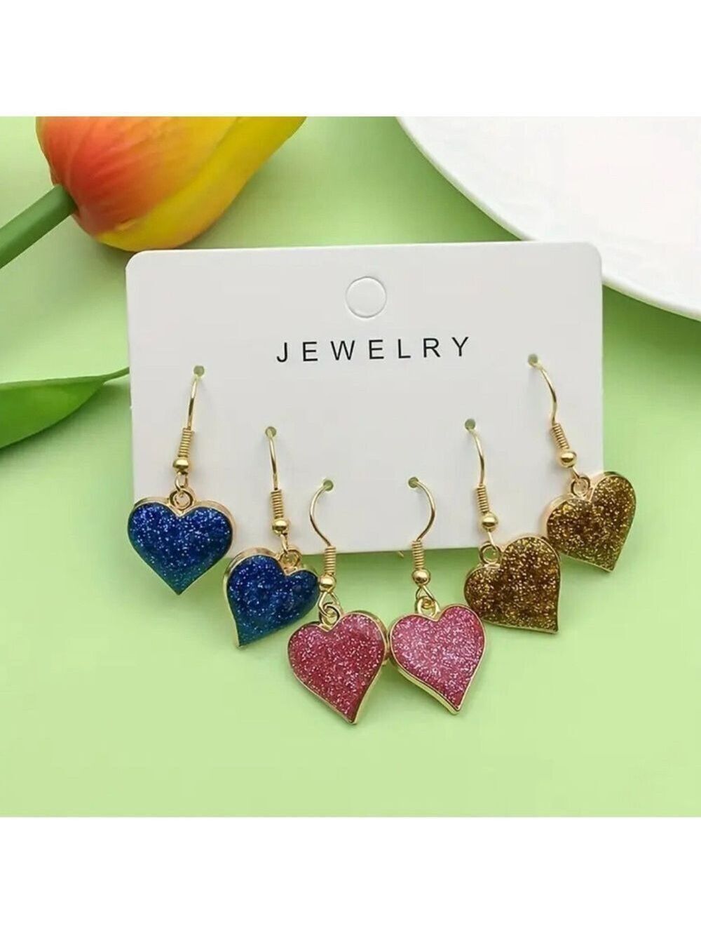 3 Pairs Elegant Glittery Heart Dangle Earrings - Zinc Alloy Golden-Tone NIP